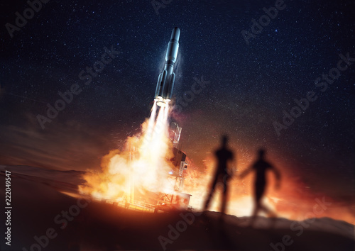 People watching a rocket launching into space from a launch pad. 3D Illustration