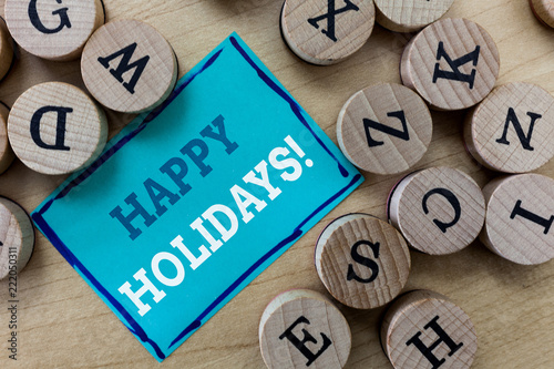 Writing note showing Happy Holidays. Business photo showcasing Made a short journey by a group of people for pleasure. photo