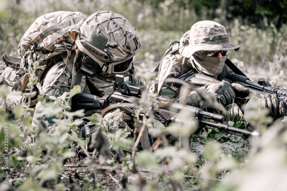 Military soldiers in camouflage took a fighting position lying on the  ground Stock Photo | Adobe Stock