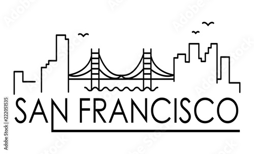 Linear banner of San Francisco city. All San Francisco buildings - customizable objects with opacity mask, so you can simple change composition. Line art.