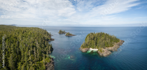 Aerial panoramic landscape of a rocky coast during a vibrant summer day. Taken on the Northern Vancouver Island, British Columbia, Canada. © edb3_16