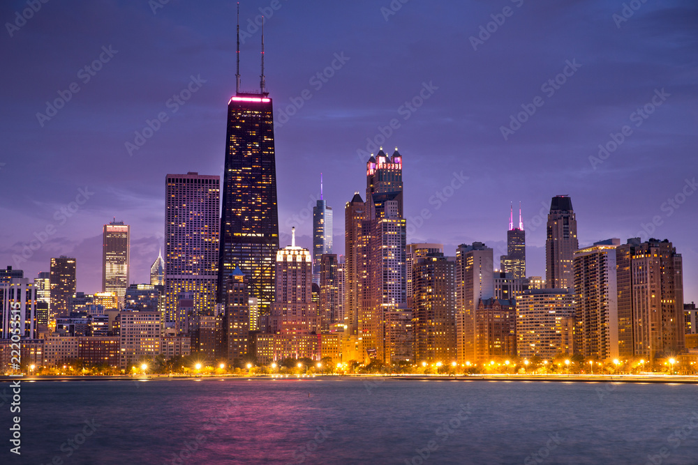 Chicago cityscape downtown skyline across Lake Michigan and Lake Shore Drive in Illinois USA