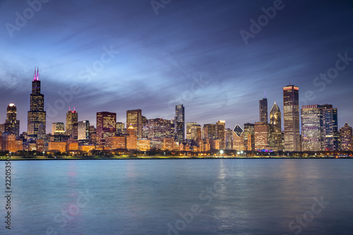 Chicago cityscape skyline looking out from the Adler Planetarium across Lake Michigan in Illinois USA