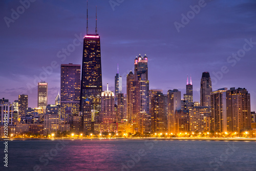 Chicago cityscape downtown skyline across Lake Michigan and Lake Shore Drive in Illinois USA
