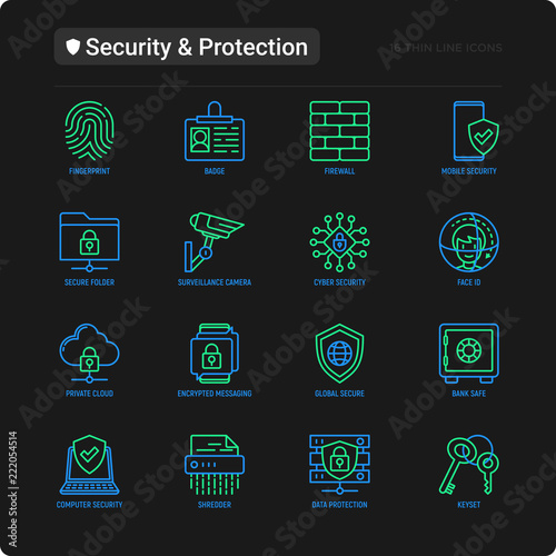 Security and protection thin line icons set: mobile security, fingerprint, firewall, face ID, secure folder, surveillance camera, shredder, bank safe, encrypted messaging. Modern vector illustration.