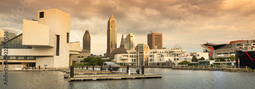 Marina and downtown skyline panorama in Cleveland Ohio USA