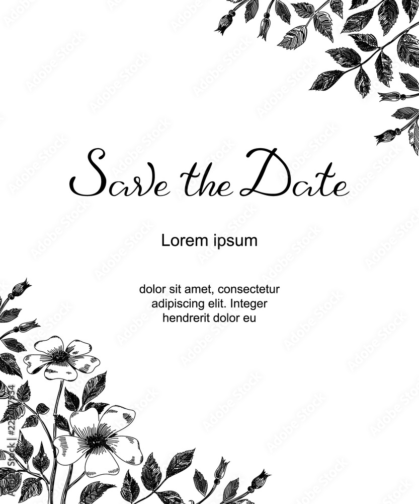 Wedding card with rosa canina sketch flowers, leaves. Rustic Throughout Save The Date Banner Template