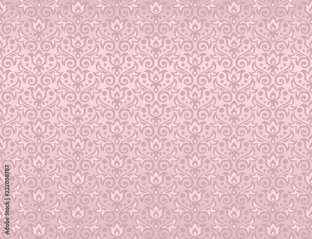 Seamless pattern of flowers and leaves in mauve pink color. Repeat floral ornament for background, fabric, wallpaper, wrapping paper. 