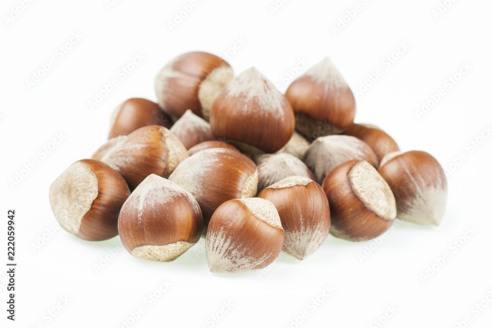 Shelled Hazelnuts is important for health on white background Shelled Hazelnuts is important for health on white background