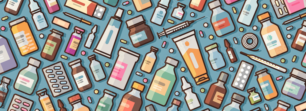Medicine, pharmacy banner. Medications and pills background. Vector illustration