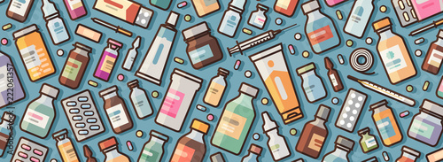 Medicine  pharmacy banner. Medications and pills background. Vector illustration