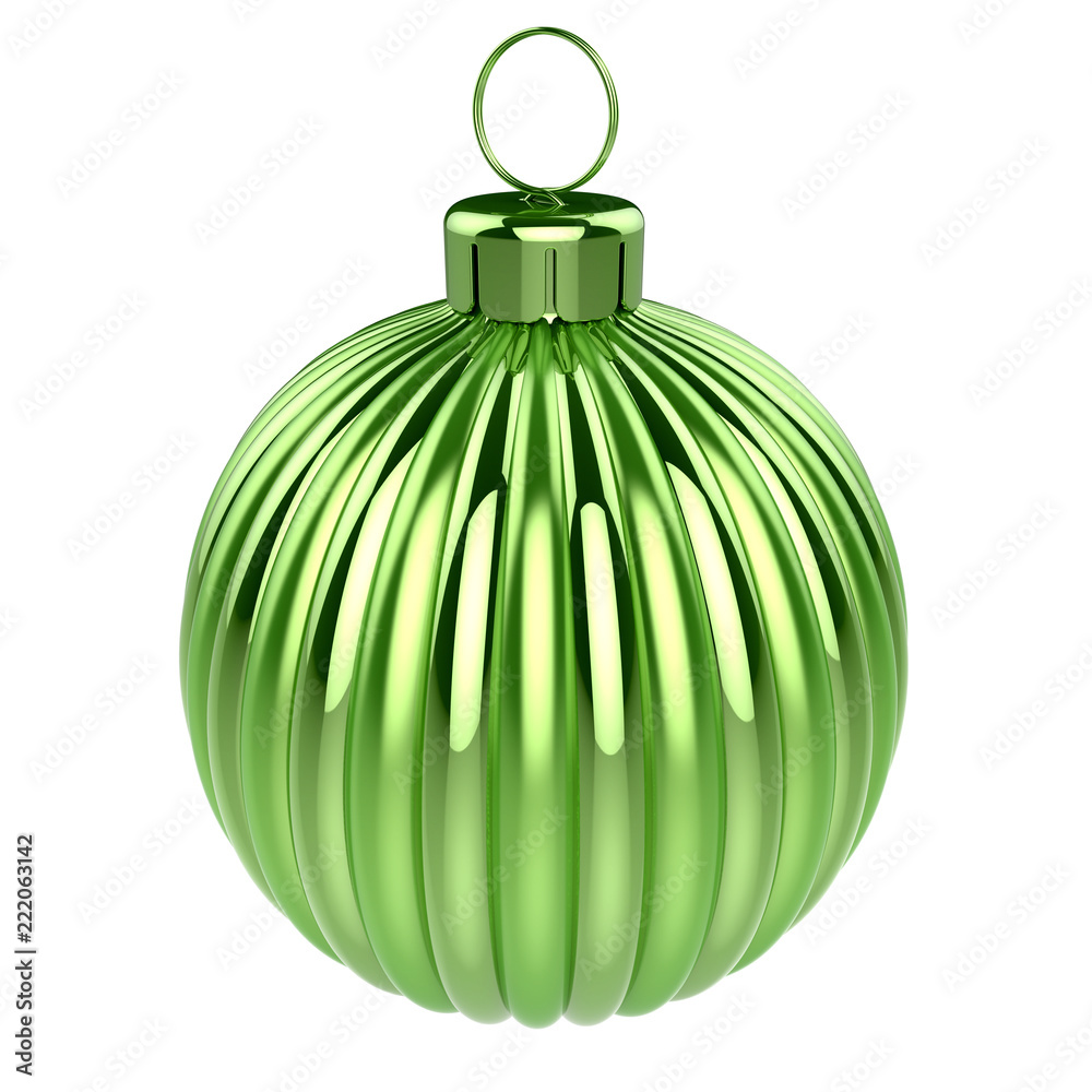 Christmas ball shiny green metallic. New Year's Eve bauble decoration glossy sphere hanging adornment. Merry Xmas symbol. 3d rendering