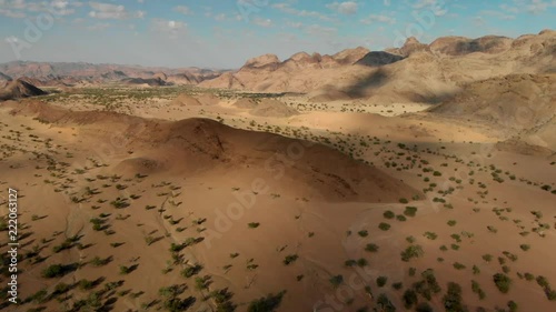 4K scenic flight over gorgeous savanna dotted with trees in the morning sun in Kunene namibia photo