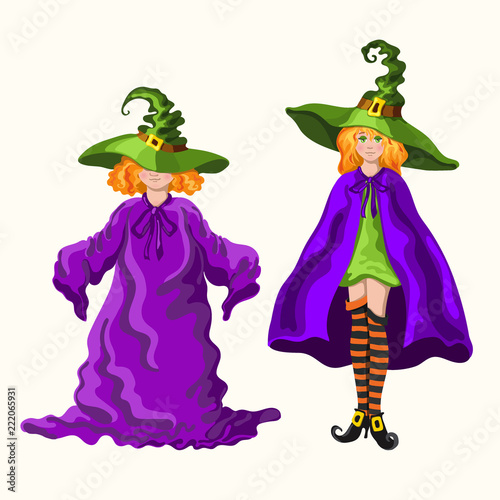 Cartoon young witches isolated on the white