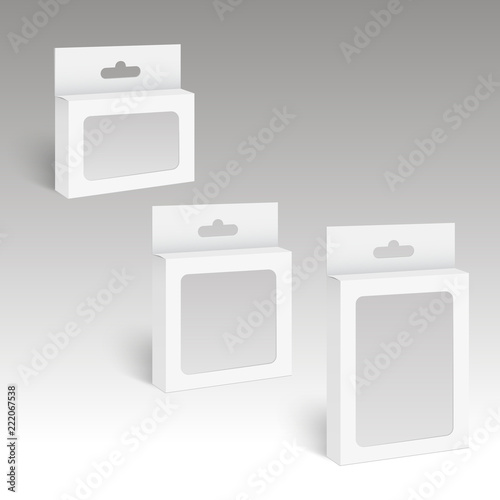 White Product Package Box With Hang Slot and plastic window. Mock Up. Vector