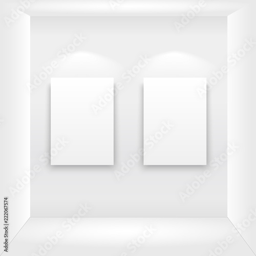Empty frames on the wall in interior gallery with lights. Vector.
