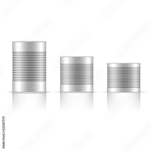 Set of white and metallic tin can with white cap. mock up. Vector.
