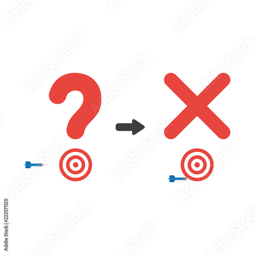 Vector icon concept of question mark and x mark with bulls eye and dart miss the target
