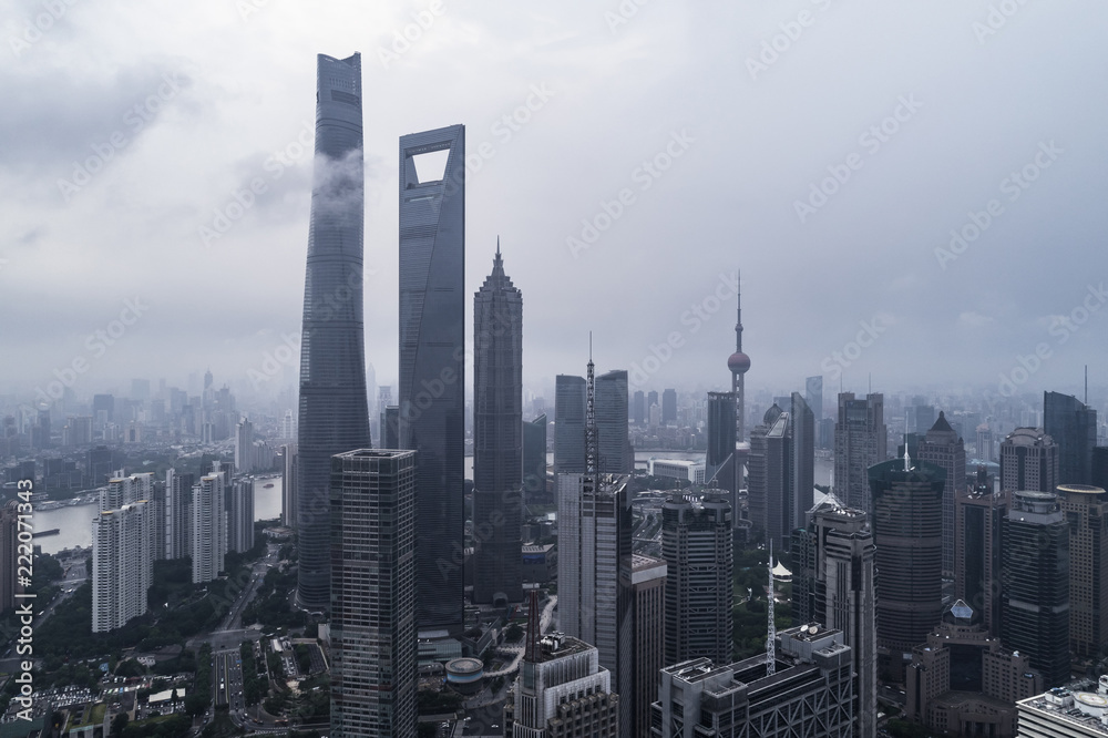 Obraz premium aerial view of buildings of Shanghai city in a stormy day