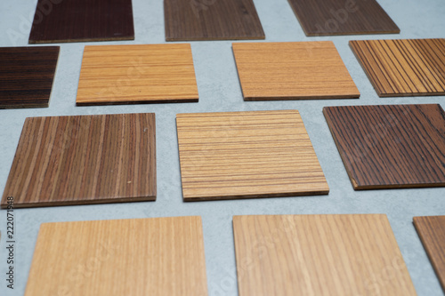 samples of material, wood , on concrete table.Interior design select material for idea.