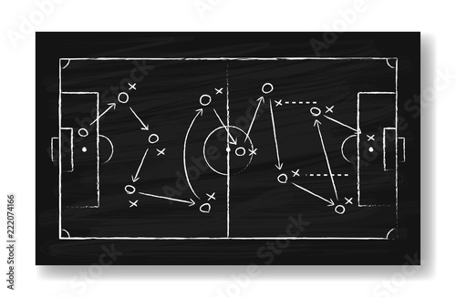 Realistic black board drawing a soccer game strategy. International world championship tournament concept. Vector illustration