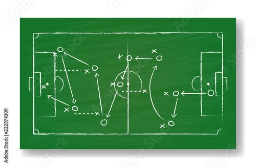 Realistic green board drawing a soccer game strategy. International world championship tournament concept. Vector illustration