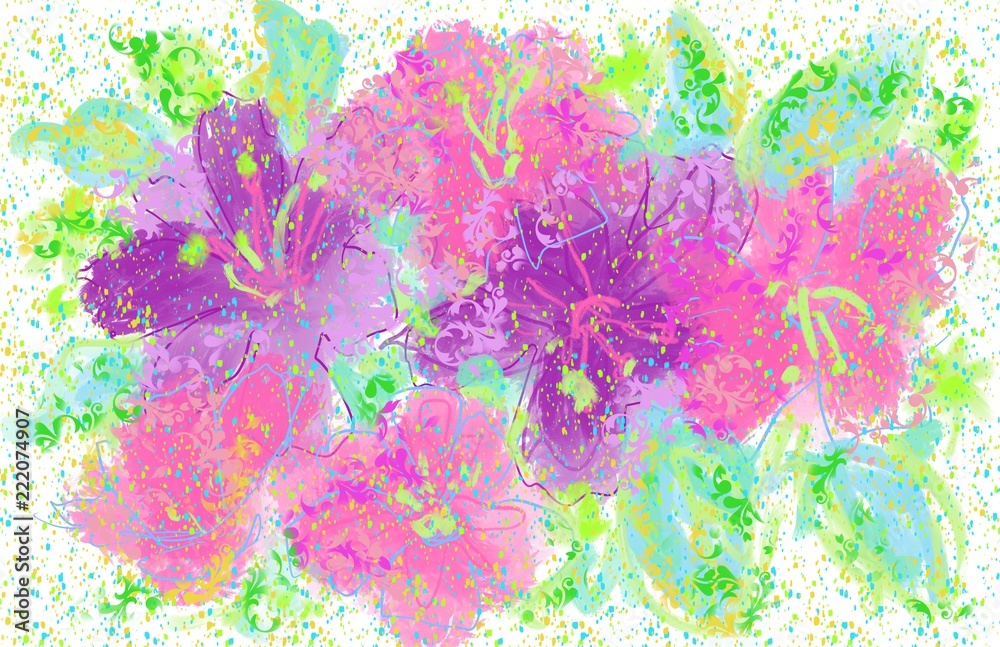 hand drawn and painted watercolor floral graphic design for Spring summer, party, Easter, pastel colors lavender purple, yellow, and green