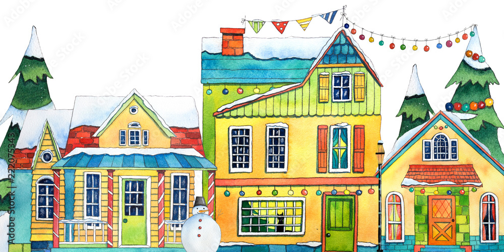 Watercolor Winter Street Village City Houses