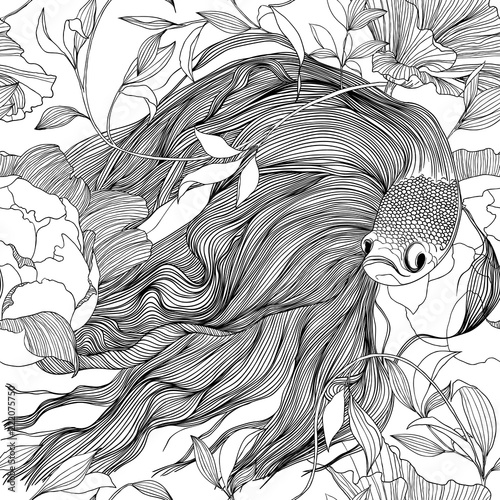 Seamless pattern, fighting fish swimming and flowers, hand drawn black and white line art ink on white background
