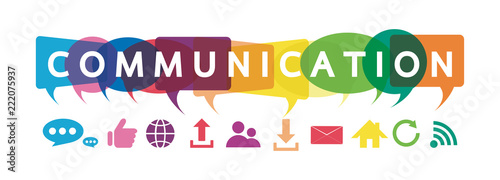 Vector illustration of a communication concept. The word communication with colorful dialog speech bubbles