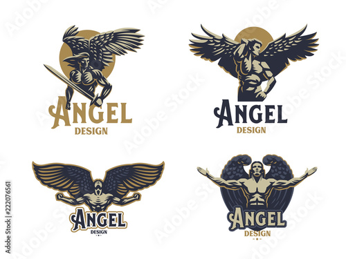 Angel man. Set of vector emblems.