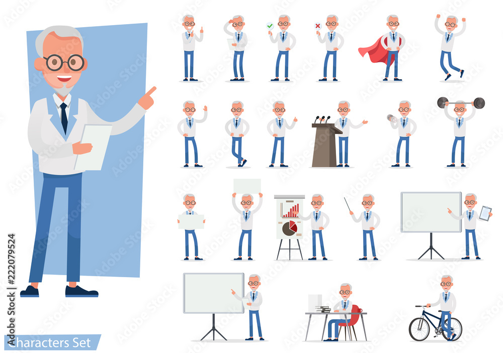 Set of Businessman character vector design doing different gestures. Presentation in various action with emotions, running, standing, walking and working. no8