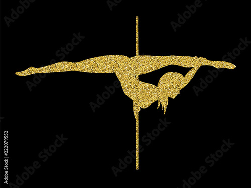 silhouette women pole dance on a black background. Illustration with gold glitter for fitness  striptease dancers  exotic dance. Vector illustration for logotype  badge  icon  logo  banner  tag.