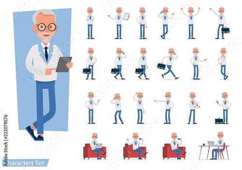 Set of Businessman character vector design doing different gestures. Presentation in various action with emotions, running, standing, walking and working. no9