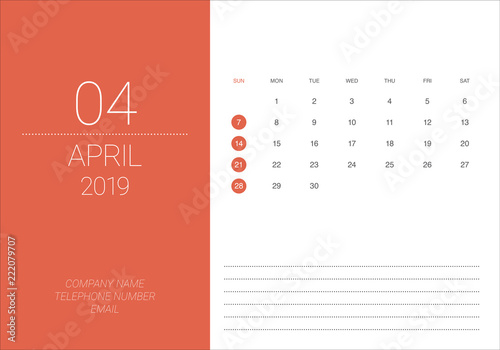 April 2019 desk calendar vector illustration