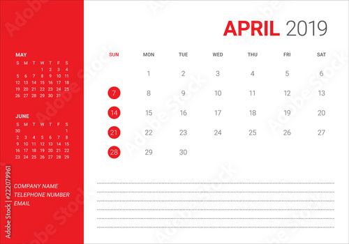 April 2019 desk calendar vector illustration