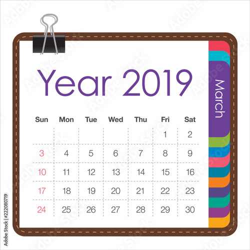 March 2019 monthly calendar vector illustration