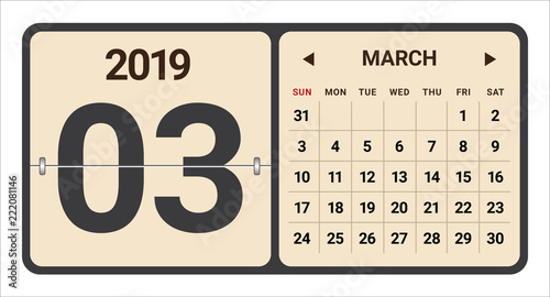March 2019 monthly calendar vector illustration