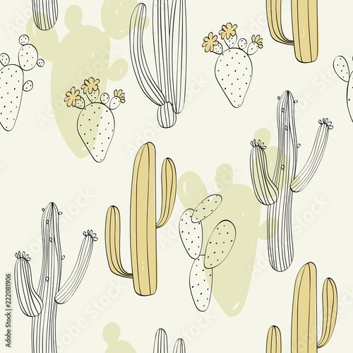 Vector hand drawn seamless cactuses pattern background
