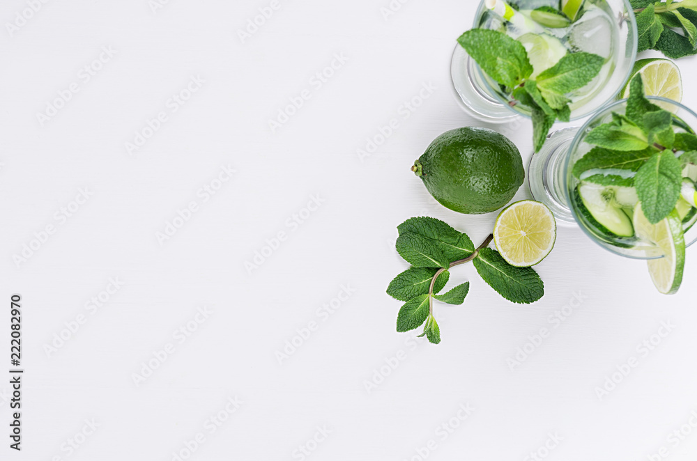 Slices lime, cucumber, leaves mint, ice and transparent cold drink on white wood plank, top view, copy space. Cooking spring refreshing beverage. Slices lime, cucumber, leaves mint, ice and transparent cold drink on white wood plank, top view, copy space. Cooking spring refreshing beverage.