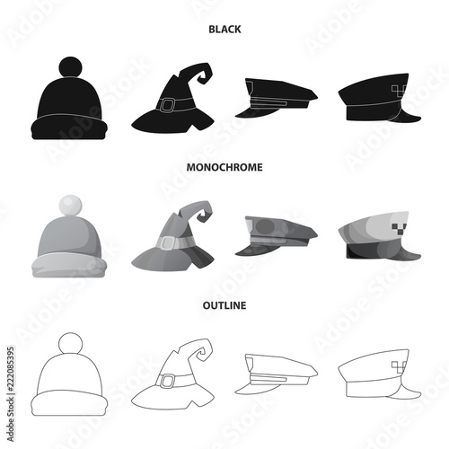 Vector illustration of headgear and cap sign. Set of headgear and accessory stock symbol for web.