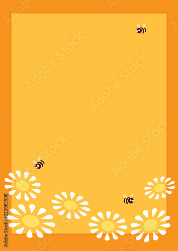 Vector yellow background. Vertical format A4. Honey bees flying over white daisies. Orange frame. Place for text.