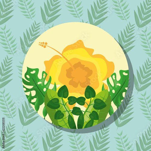 tropical leaves round banner yellow flower branches background