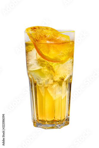 A yellow transparent cocktail, refreshing in a tall glass with ice cubes and lemon slice. Side view Isolated white background. Drink for the menu