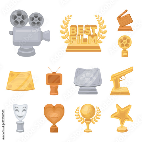 Film awards and prizes cartoon icons in set collection for design. The World Film Academy vector symbol stock web illustration.