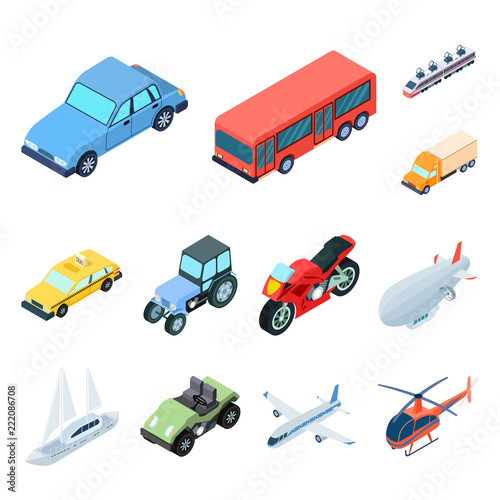 Different types of transport cartoon icons in set collection for design. Car and ship isometric vector symbol stock web illustration.