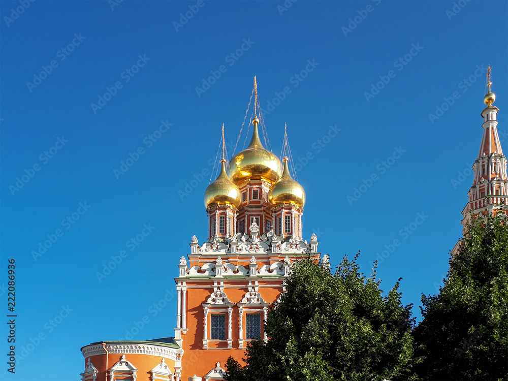 Golden domes of Church of the Resurrection of Christ in Moscow, Russian orthodox church