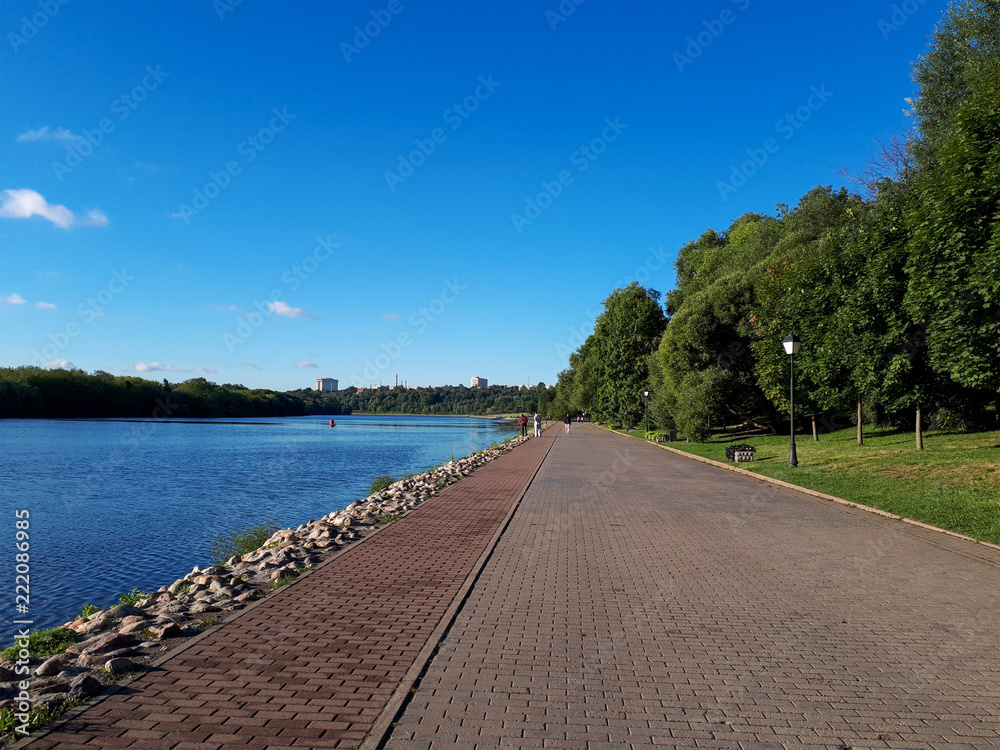 Moskva river on summer morning, river landscape taken from Kolomenskoye, Moscow, Russia