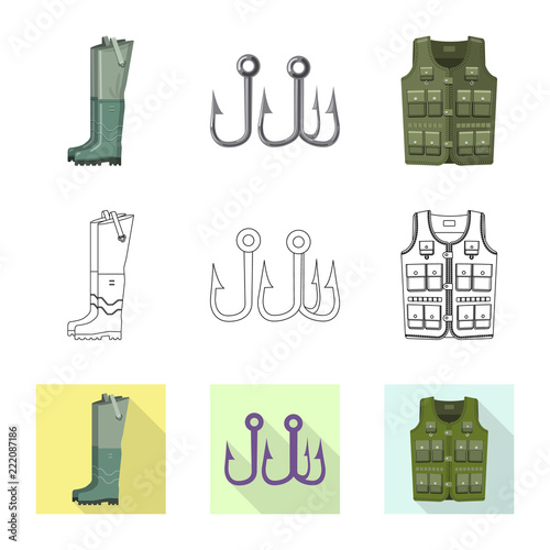 Vector illustration of fish and fishing logo. Set of fish and equipment stock symbol for web.