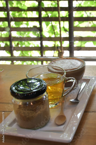 Set of coffee and tea with brown sugar.